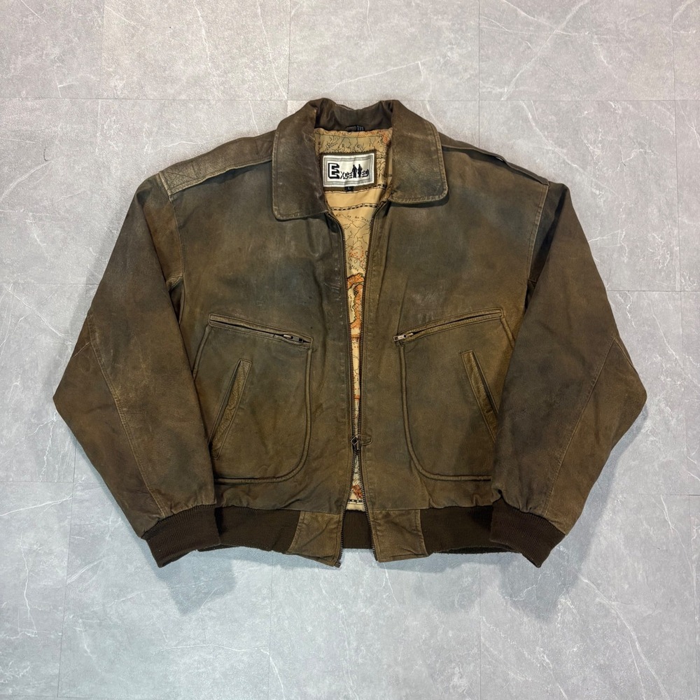 Excelled Mens Vintage Brown Leather Bomber Jacket Map Lining Distressed Large
